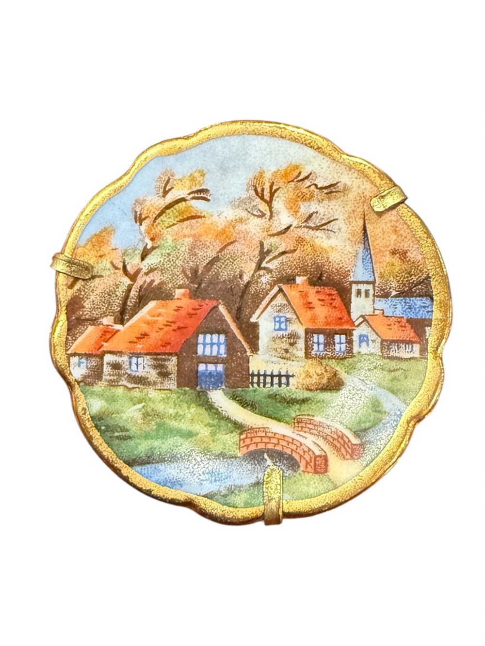 Vintage Limoges France Porcelain Scenic Brooch Hand Painted Rare Mid Century